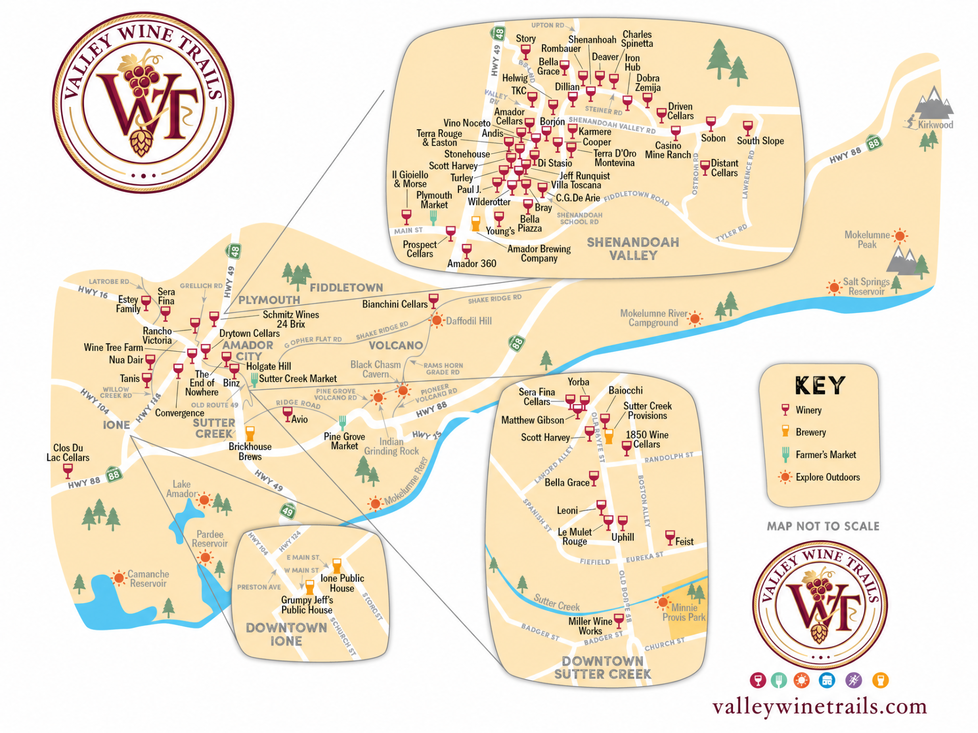 Printable Valley Wine Trails map for Amador County.