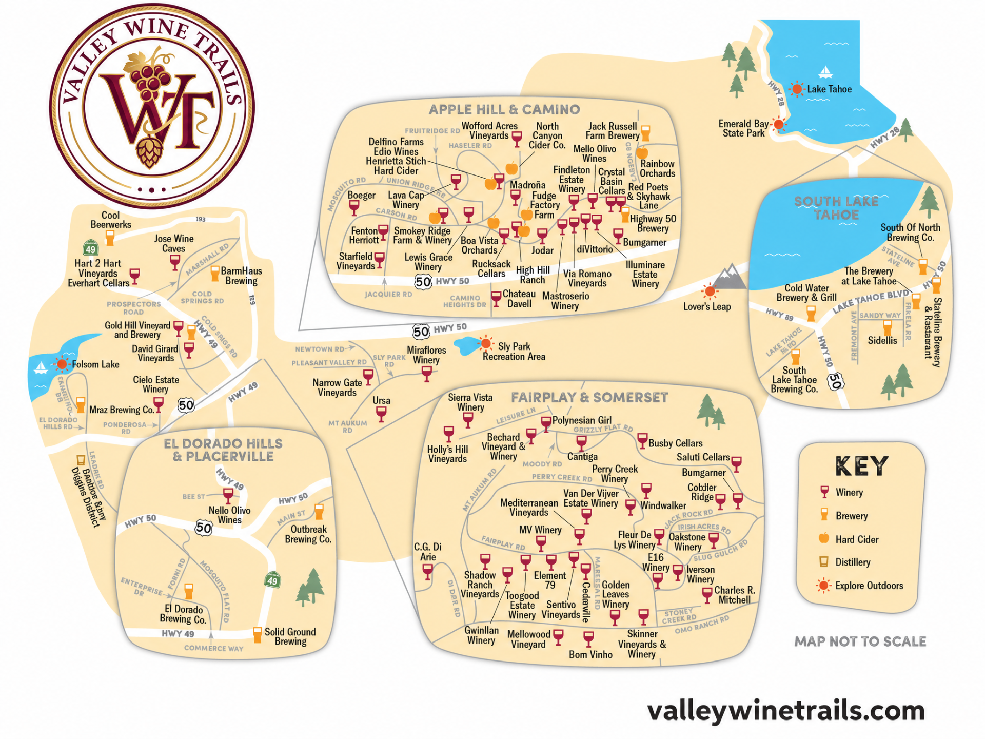 Printable Valley Wine Trails map for El Dorado County.