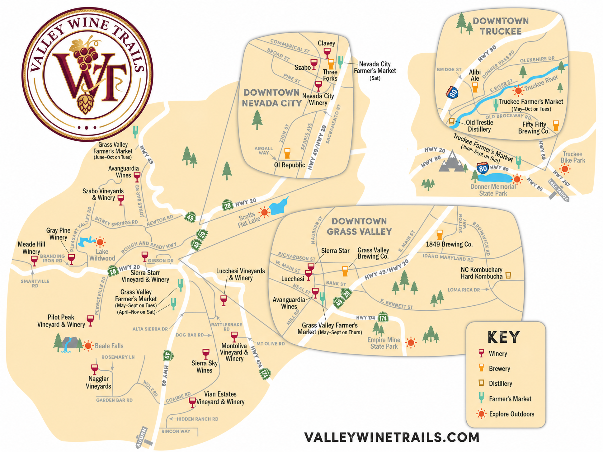 Printable Valley Wine Trails map for Nevada County.