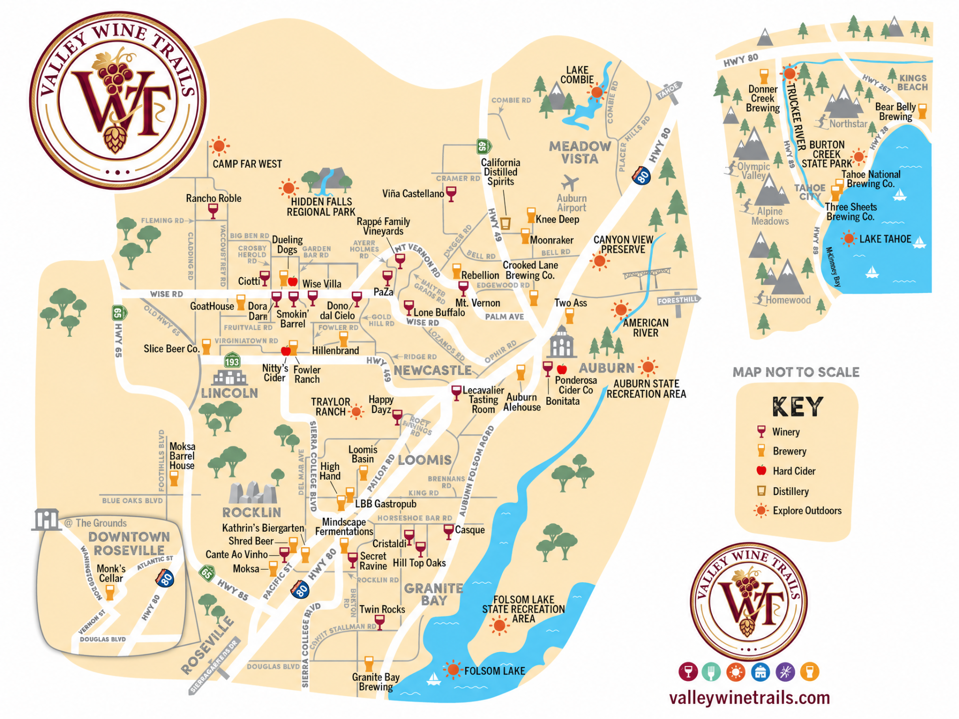 Printable Valley Wine Trails map for Placer County.